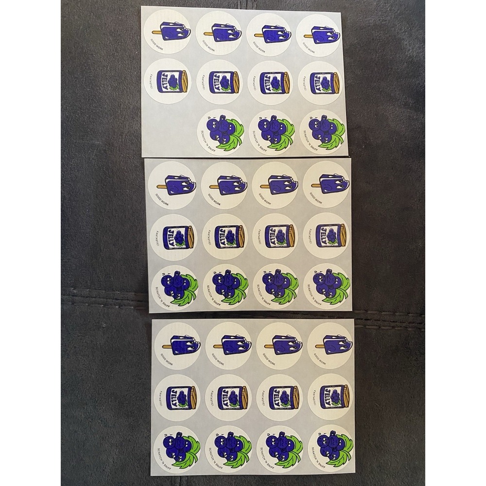 1980's Vintage Scratch 'N Sniff Grape Scent 3 Sheets-35 Stickers & Awards